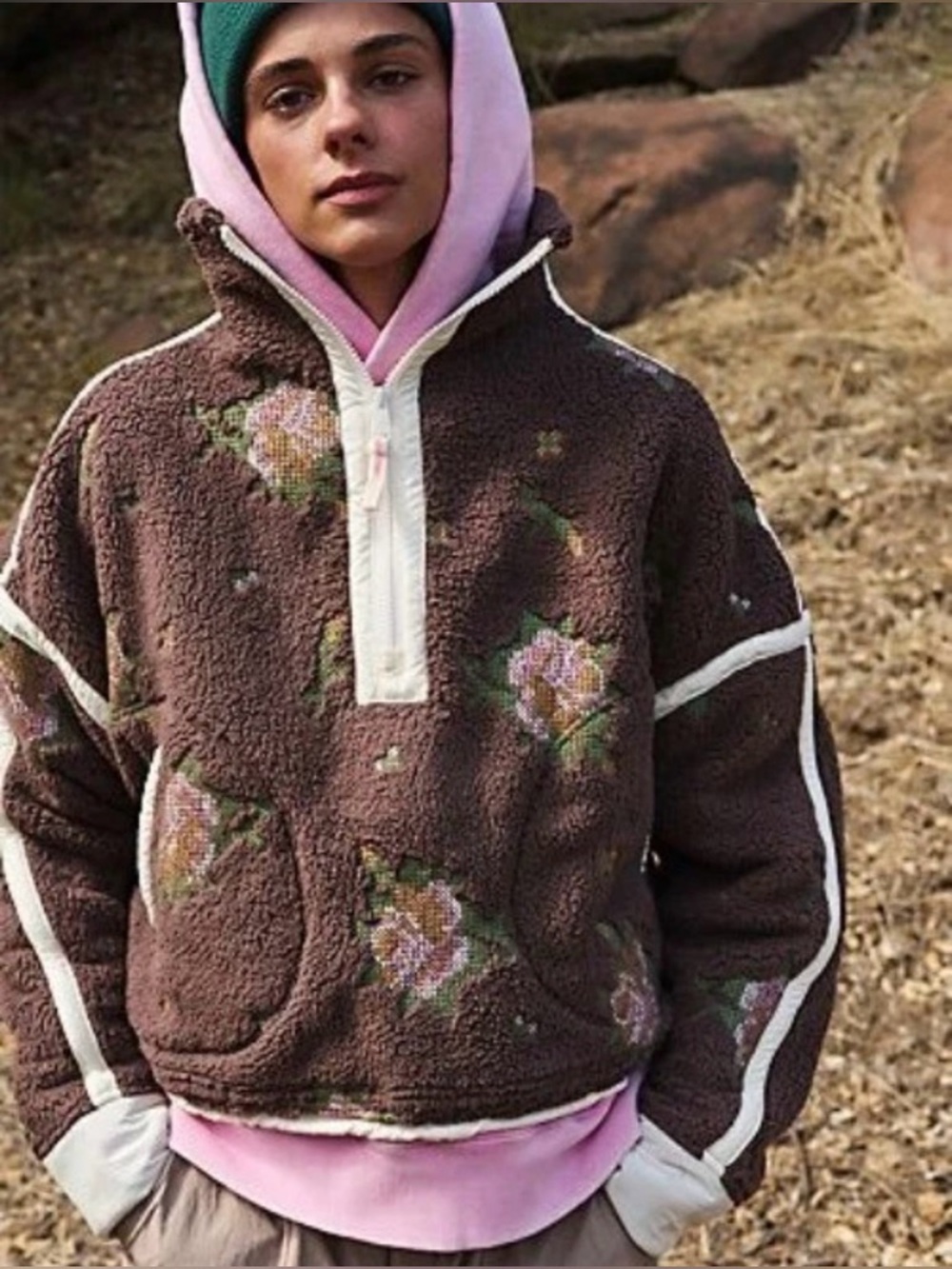 Free People Movement High Embroidered Half Zip Fleece